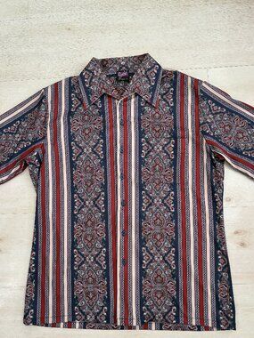 Vintage 70s Joel of California Disco Shirt Men's Paisley Striped Dagger Collar L